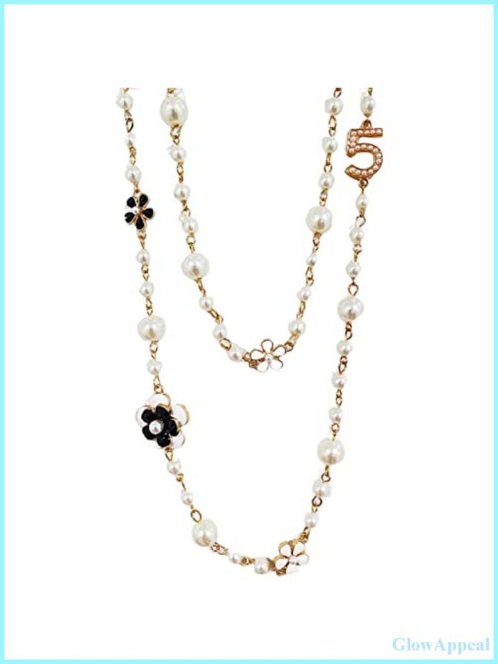 Imitation Pearl Camellia Flower 5 Pendant Long Layered Charm Necklace
